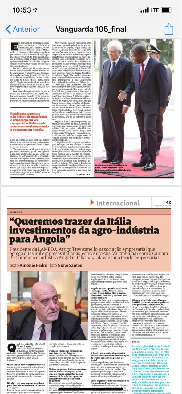 Articolo di giornale Vanguarda Angola